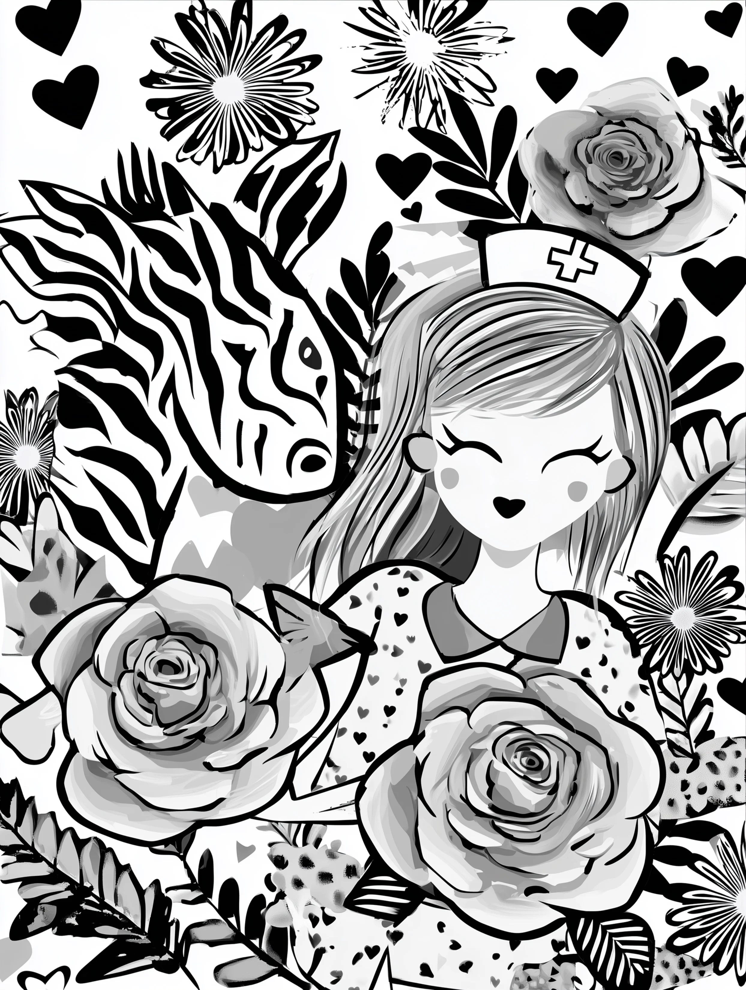 Free printable nursing coloring page for adults featuring an amused nurse